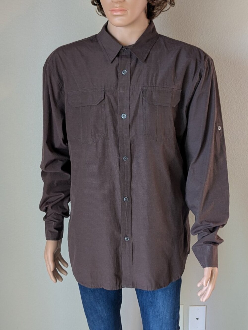 PrAna Shirt Men's XL Brown Button-up Roll-Tab Long Sleeve Breathe Cotton-blend